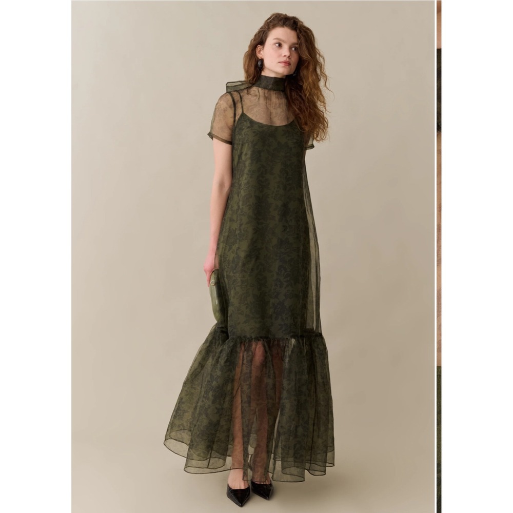 CAARA Olive Green Floral Sheer Organza Maxi Dress with Slip Size Medium NWT